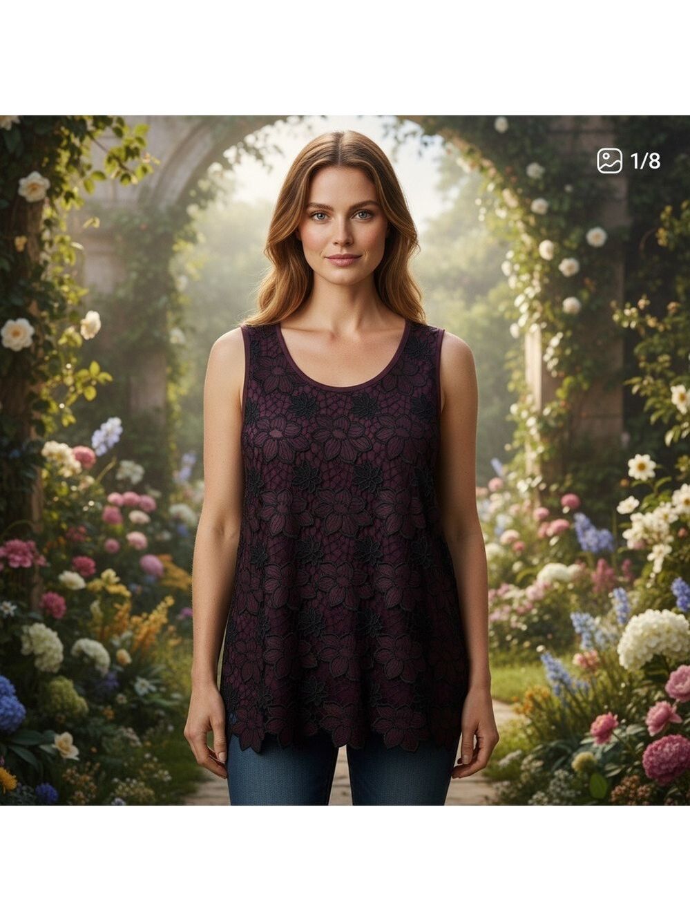 Love & Legend plum floral lace appliqué sheer top 1X